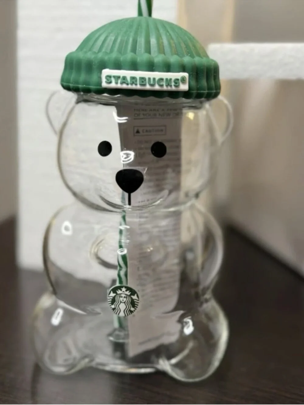 Starbucks Clear Bear Tumbler with Green Beanie Lid and Striped Straw
